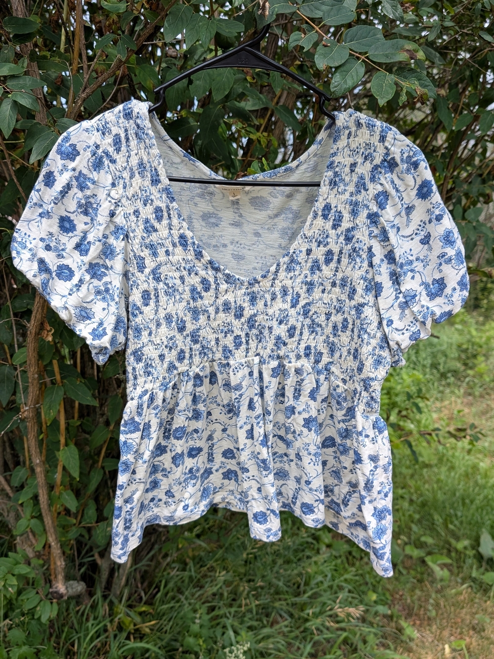Lucky Brand Blue and White Floral Smocked Peplum Top